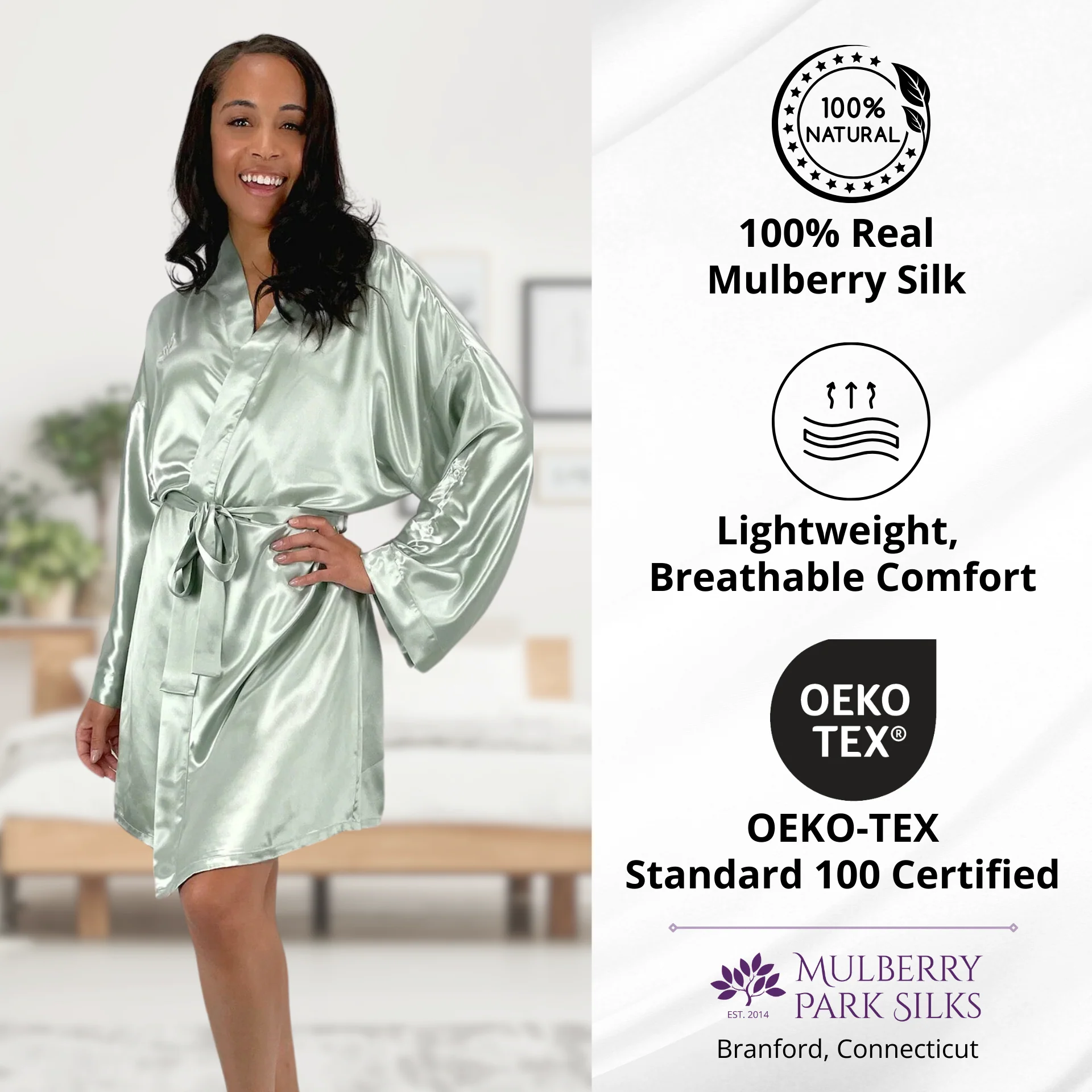 100% Pure Silk Robe - Sage - Image 12
