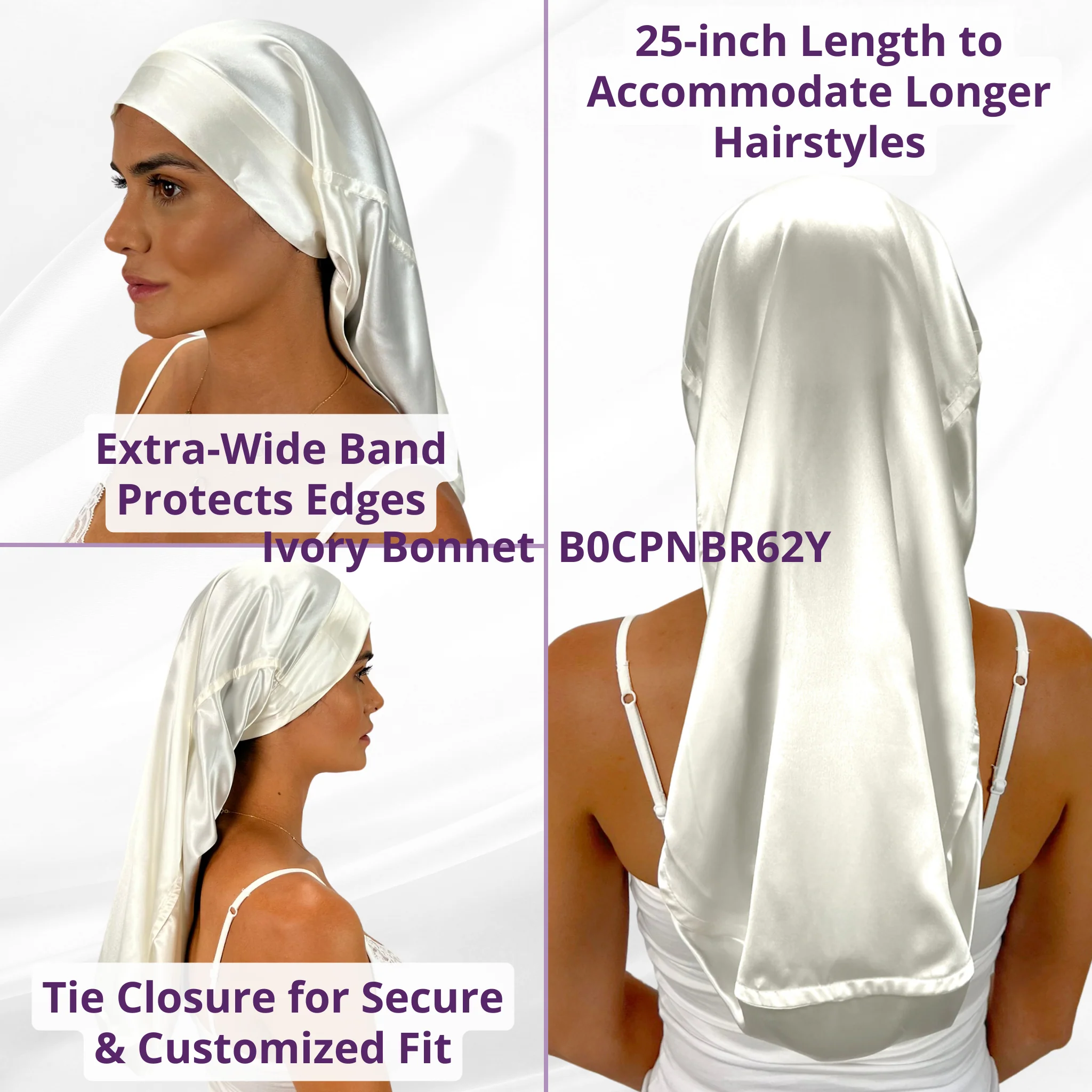 Silk Long Hair Reversible Bonnet - Ivory - Image 3