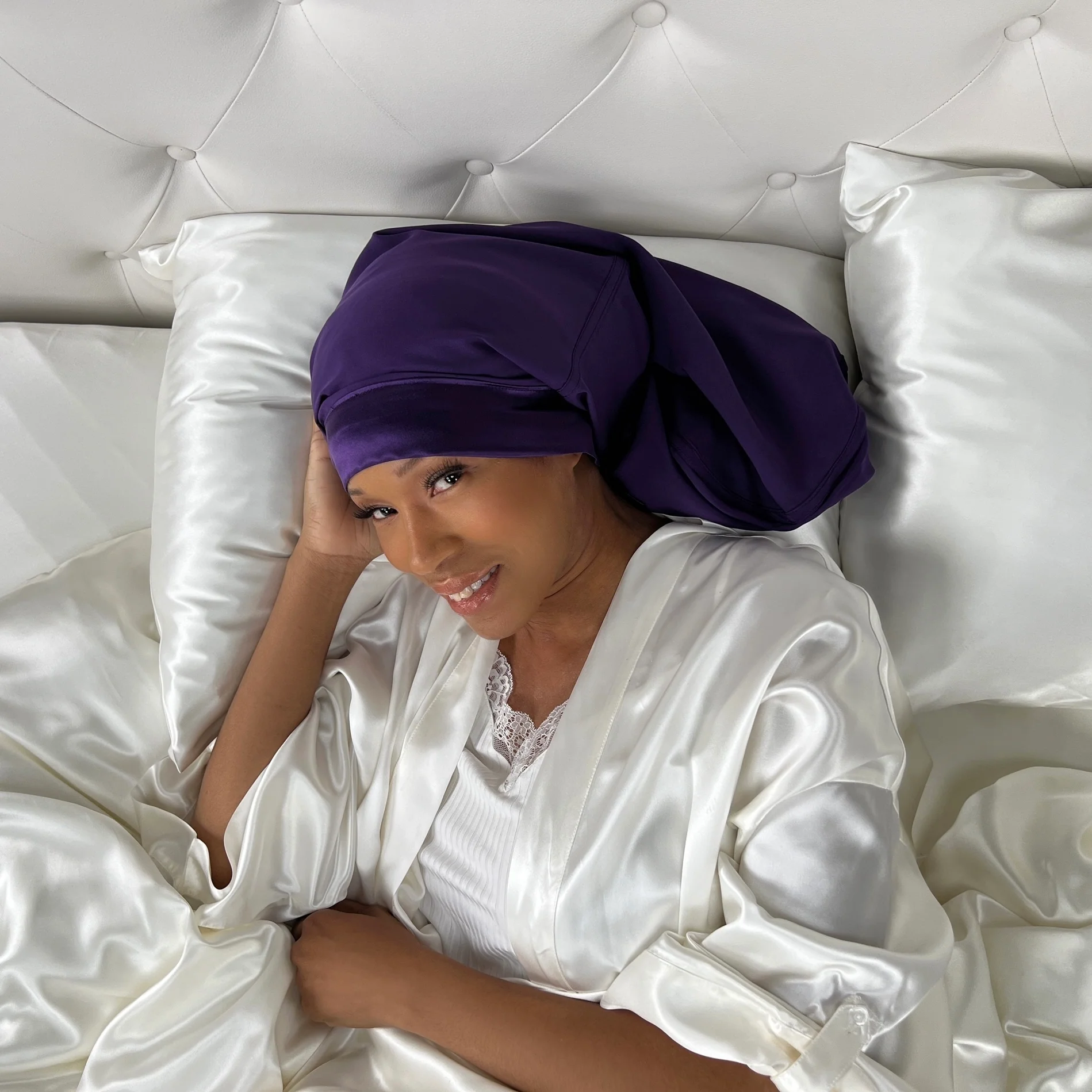 Silk Long Hair Reversible Bonnet - Plum - Image 11