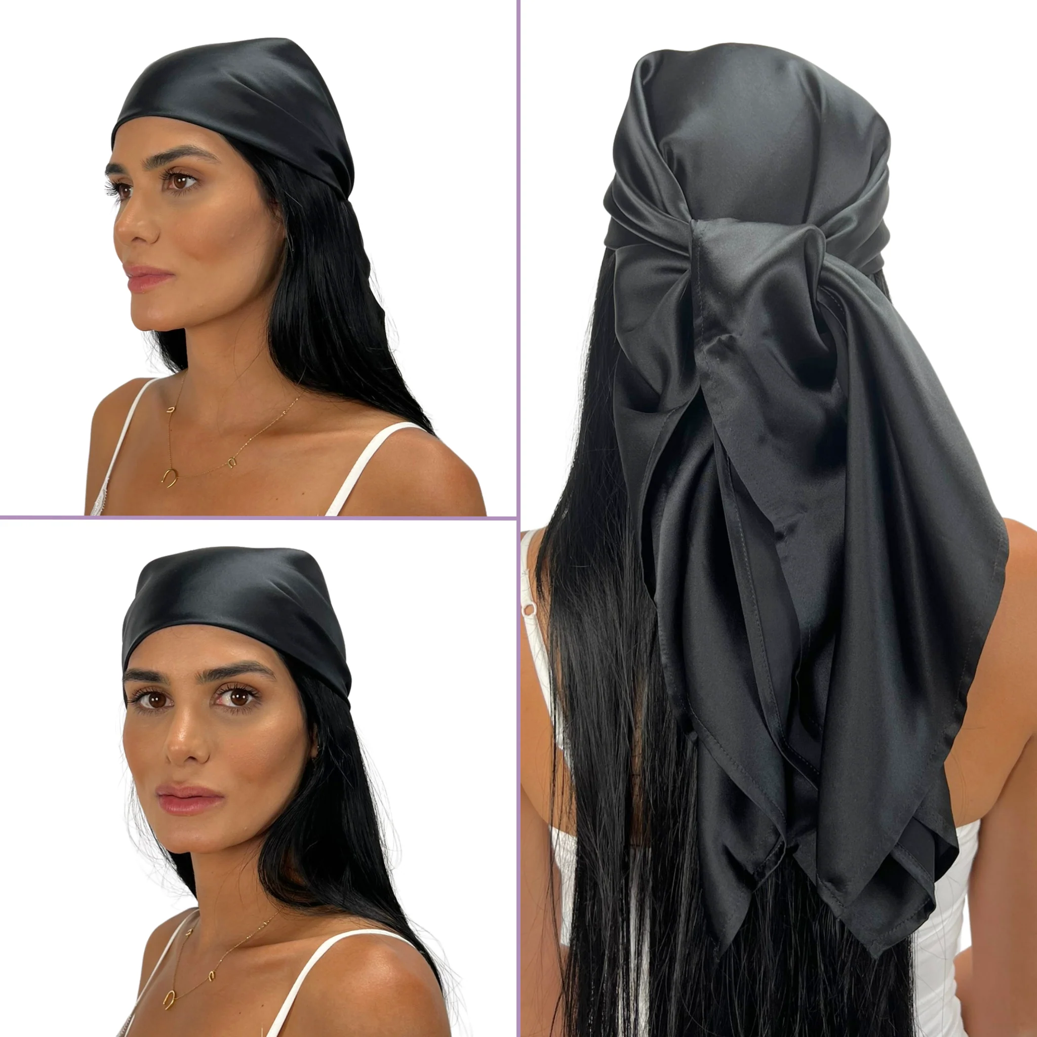 Silk Square Head Scarf - Black - Image 3