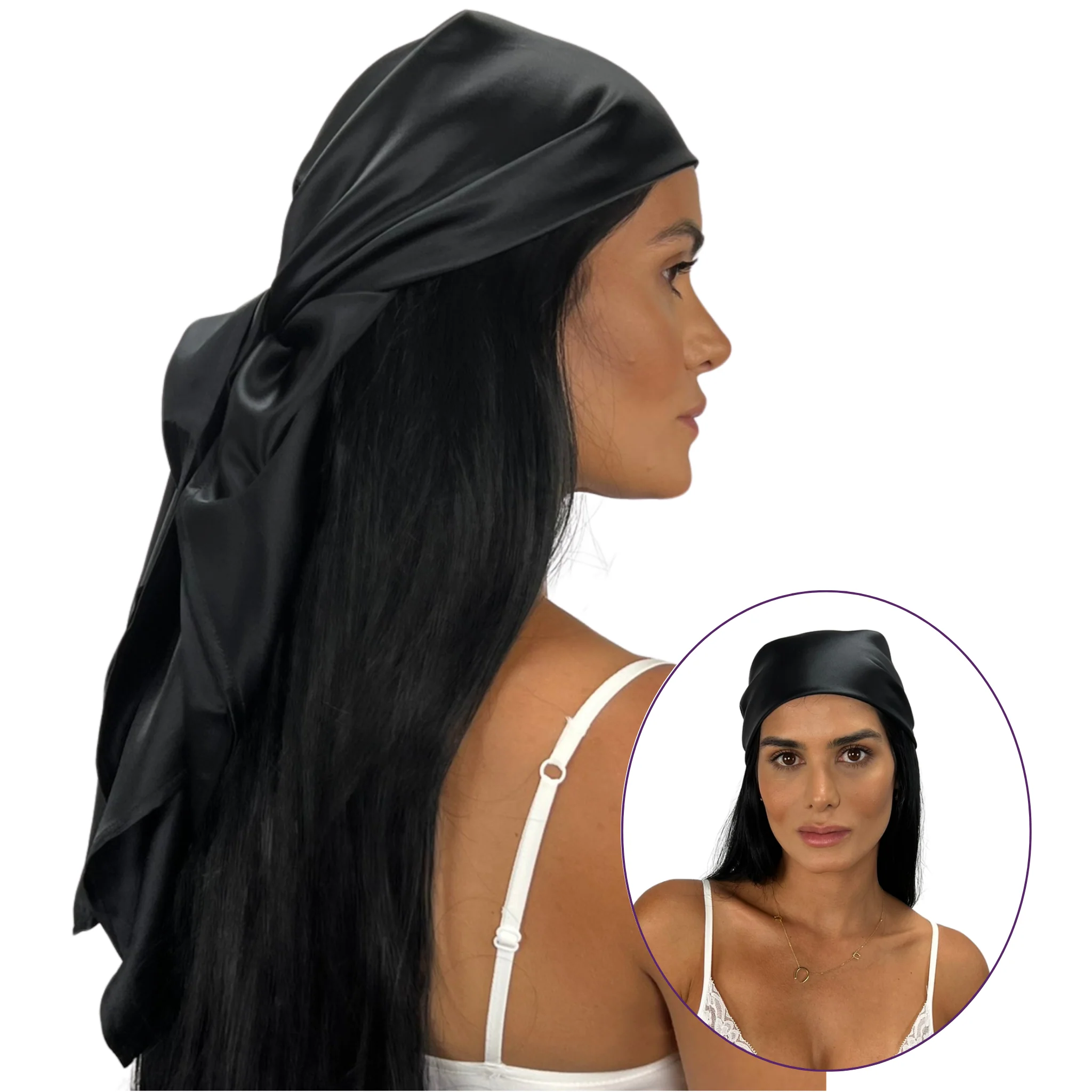 Silk Square Head Scarf - Black - Image 7